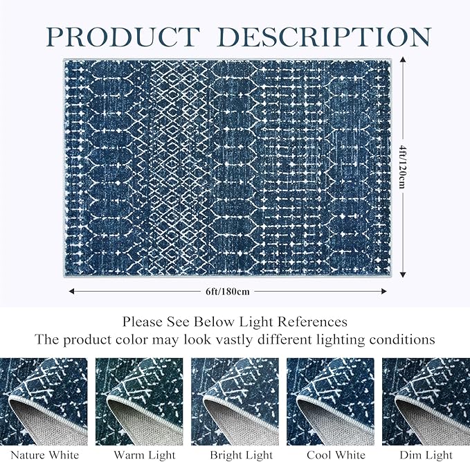 Lahome Moroccan Blue Carpet for Living Room 4x6 Area Rug Non-Slip Ultra-Thin Soft Bedroom Rug Stain Resistant Modern Carpet with Geometric Print for Office, Kitchen, Entryway, Dining Room Hana