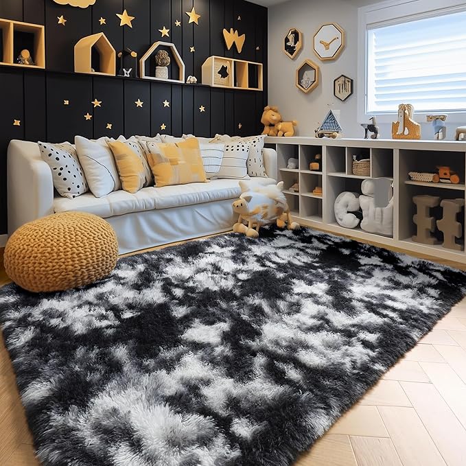 Amdrebio Black White Grey Rugs for Living Room Bedroom, 9x12 Big Fluffy Shaggy Furry Area Rug for Kids Room Apartment Home Decor, Fuzzy Shag Plush Floor Modern Cool Huge Large Carpet for Men Teen Boys