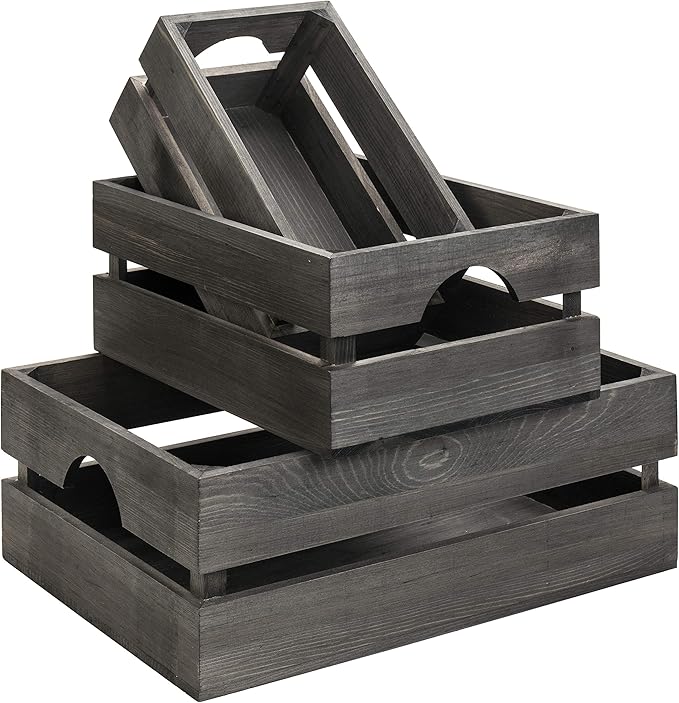 MyGift Rustic Gray Solid Wood Storage Organizer Box with Handle, 3 Piece Various Size Decorative Nesting Crate