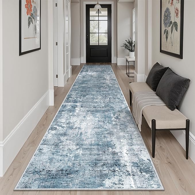 Soalmost Runner Rug 2'6" x 12' Washable Non-Slip 2.5x12 ft Long Runner Rugs for Kitchen Bathroom Laundry Room Vintage Ultra Thin Runners for Hallway Entryway Blue/Grey