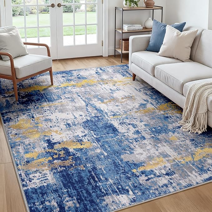 RELEANY Washable Area Rugs Square 7ft Non-Slip Modern Abstract Soft for Living Room Entryway Bedroom Nursery, Print Pattern, Grey Blue Gold/Golden