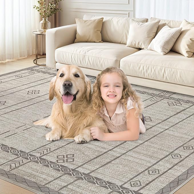 cotiled 5x7 Area Rug Living Room: Washable Boho Rugs with Non Slip Backing Large Soft Indoor Stain Resistant Carpet for Bedroom Farmhouse Dining Room Lightweight Home Decor Grey Brown