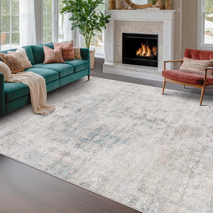 Hazo Haus Washable 6x9 Bedroom Rug - Blue Grey Modern Rug for Living Room, Dining Room Table, Non Slip Soft Faded Print Mat