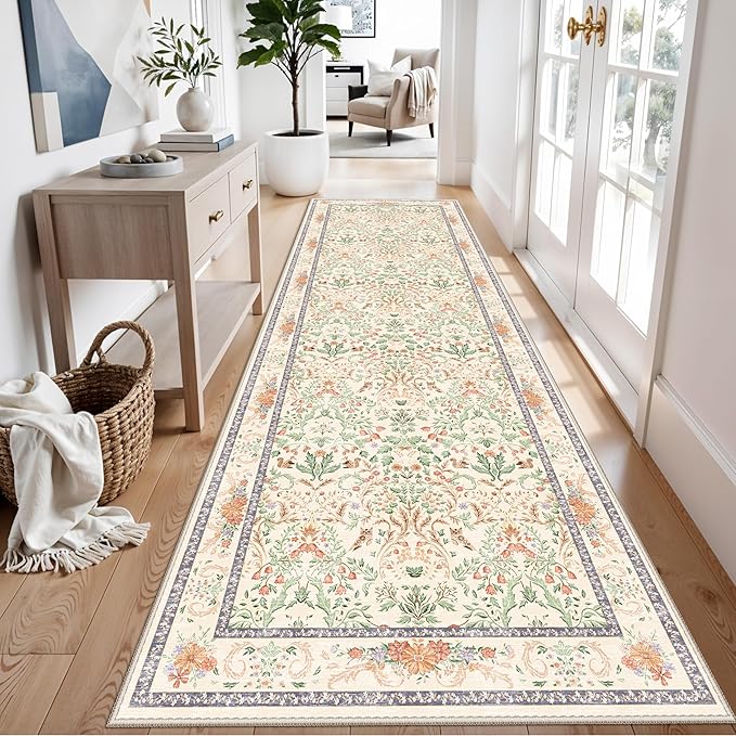 Botanical Hallway Runner Rug 3x10 Ft – Non-Slip Washable Long Kitchen Runner, Low-Pile Thin Vintage Florals Floor Rug for Indoor Entryway, Bedroom, Living Room (Cream)