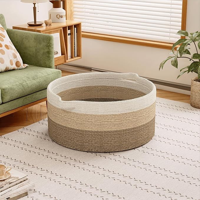 125L Extra Large Blanket Basket, 25" x 16", Jumbo Laundry Woven Cotton Rope Basket with Handles, Baby Toy Storage, Gradual Brown