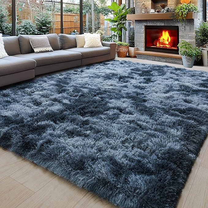 Area Rugs 9x12 for Living Room, Ultra Soft Fluffy Rugs for Bedroom, Non-Slip Furry Large Rug for Teen Girls and Boys,Nursery Kids Room Dorm Home Decor, High Pile Plush Floor Carpet, Tie-Dyed Blue Grey