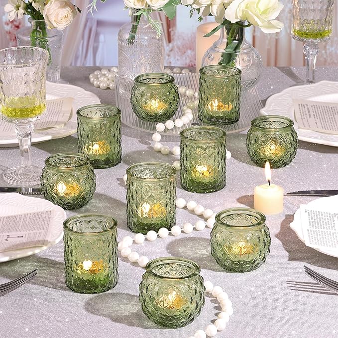 NITIME 12Pcs Assorted Green Votive Candle Holders, Tea Lights Candle Holder for Table Centerpiece, Green Candle Holders for Wedding, Bridal Shower and Tea Party Decorations