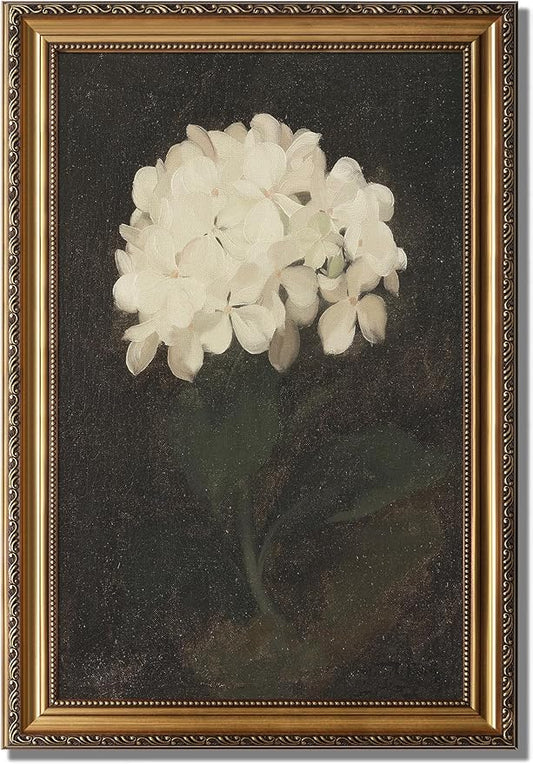 KBKBART Vintage Framed Wall Art for Living Room - White Hydrangea Still Life Flower Canvas Oil Painting Prints for Wall Decor, Classical Floral Wall Decor, Bedroom Bathroom Wall Pictures Artwork, 16"x 24"