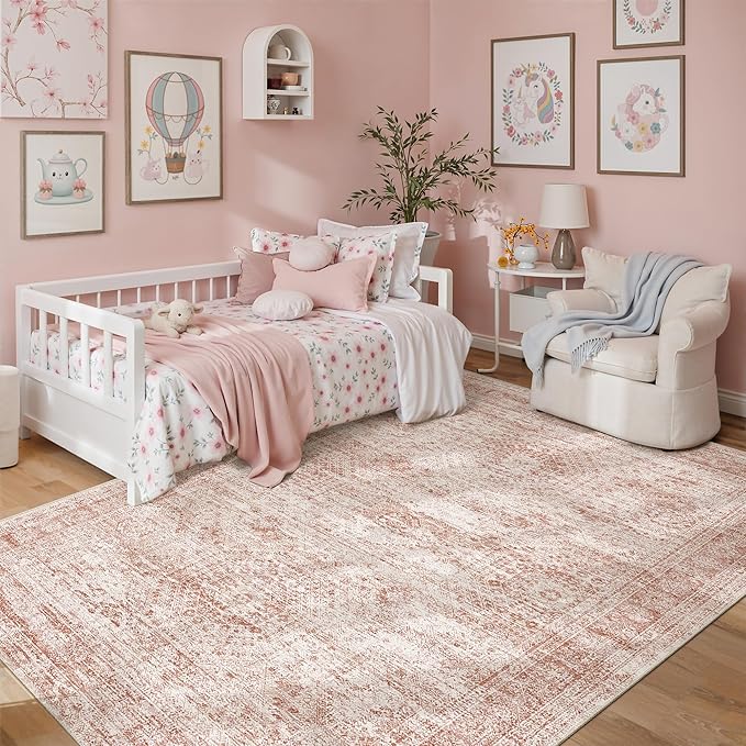 Soalmost 6x9 Area Rug for Living Room Washable Non-Slip Modern Rugs for Bedroom Dining Room Ultra-Thin Indoor Pink Rug