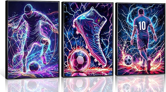 FJKLRP 3pcs Neon Lightning Soccer Canvas Wall Art Football Wall Decor with 10 Number Player Paintings posters Trendy Sports Artwork for Bedroom Living Room Fan Cave Game Room decor Unframed