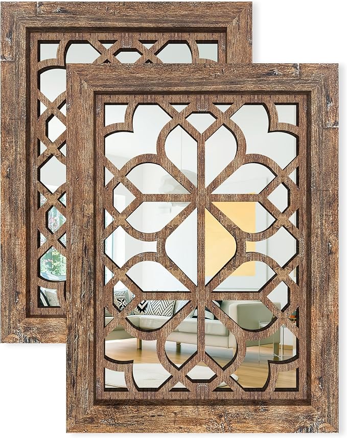 Set of 2 13x17 Inch Rectangular Shatterproof Decorative Wall Mirrors, Boho Farmhouse Rustic Vintage Grey Accent Mirrors for Living Room, Bedroom, Entryway & Home Wall Decor（Redbrown）