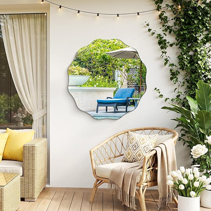 CILIBER Frameless Wavy Round Mirror, 28'' Scalloped Circle Wall Mirror, 3mm Tempered Glass Decorative Bathroom Vanity Mirror, Mounting/Leaning for Mantel, Living Room, Bedroom and Entryway