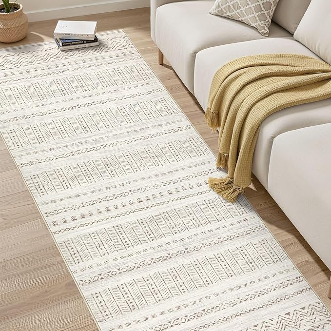 cotiled Hallway 3x10 Runner Rugs: Washable Boho Rugs with Non Slip Backing Large Soft Indoor Stain Resistant Carpet for Living Room Bedroom Farmhouse Dining Room Lightweight Home Decor Brown/Cream