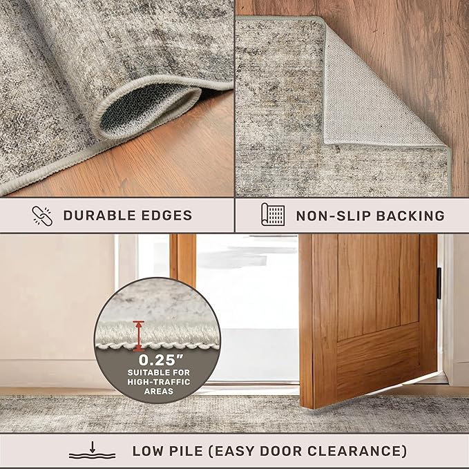 Taupe 2x4 Runner Rug for Entryway Indoor, Kitchen Floor Waterproof, Bathroom, Powder Room, Washable Non Slip Low Pile Stain & Fade Resistant, Modern Eclectic Tan Décor