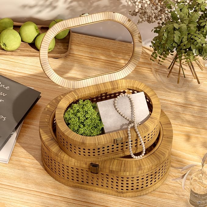 Rattan Display Box,Boho Oval Decorative Storage Boxes with Clear Lid,Set of 2 Woven Wicker Natural Finish Keepsake Boxes for Rustic Farmhouse for Home Decor