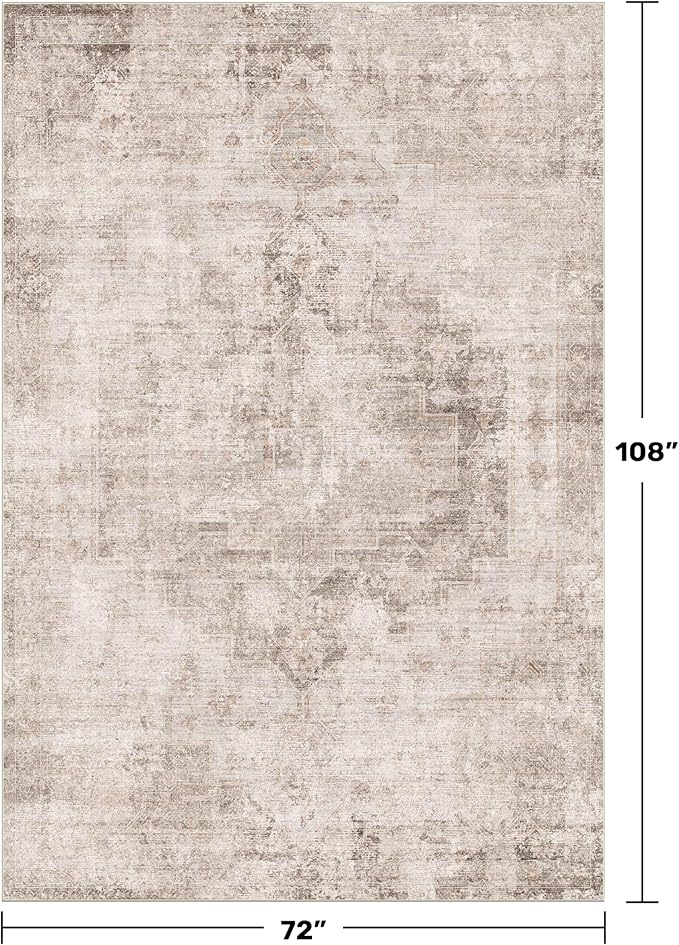 Hazo Haus Neutral Farmhouse Area Rug for Bedroom - 6x9 Washable Rug for Dining Room Table, Ultra-Thin Soft Textured Boho Indoor Decor, Fade & Stain Resistant