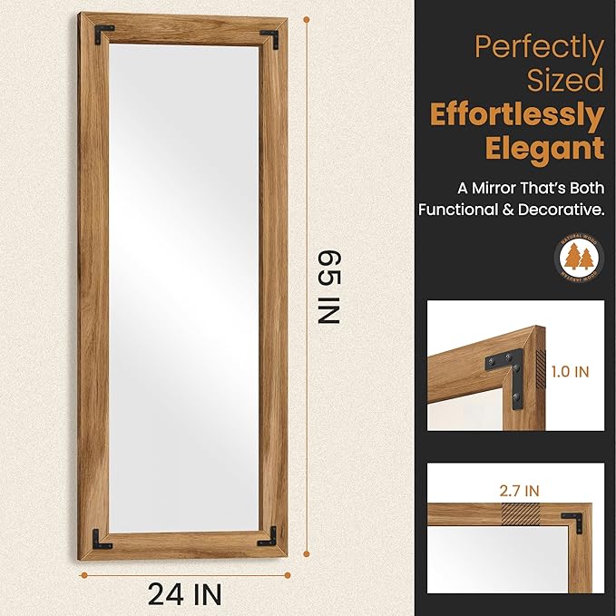 TRAHOME Full Length Mirror with Wooden Frame, 65"X24" Solid Wood Standing Floor Mirror for Farmhouse, Bathroom, Bedroom, Hanging or Leaning Wall-Mounted