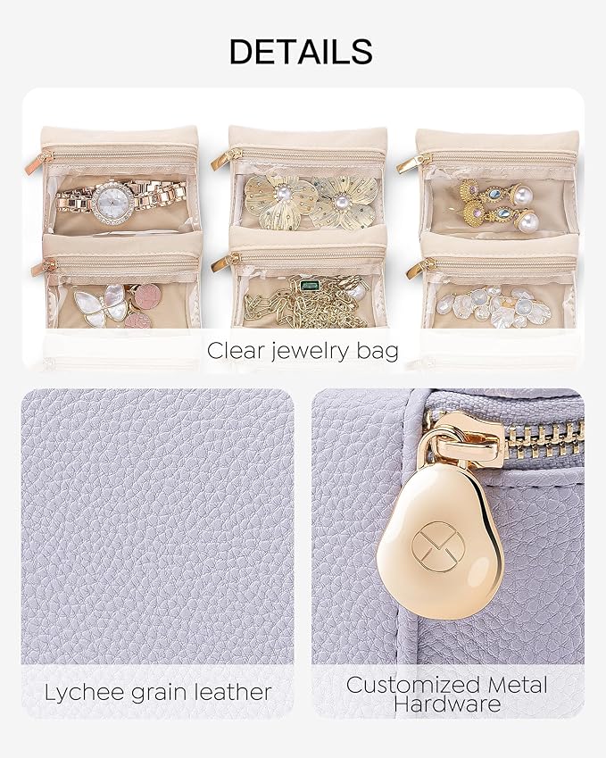 Vlando Jewelry Travel Case,Travel Jewelry Organizer with Clear Velvet Jewelry Bags 6Pcs Zipper Pouch for Women Gift for Her-Purple