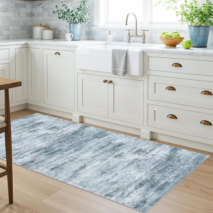 2x5 Non-Slip Washable Runner Rug – Modern Neutral Abstract Small Rug for Hallway, Kitchen, Bathroom, Bedroom, Entryway, Laundry Room – Thin Soft Low-Pile Rubber Backing (Blue Grey)