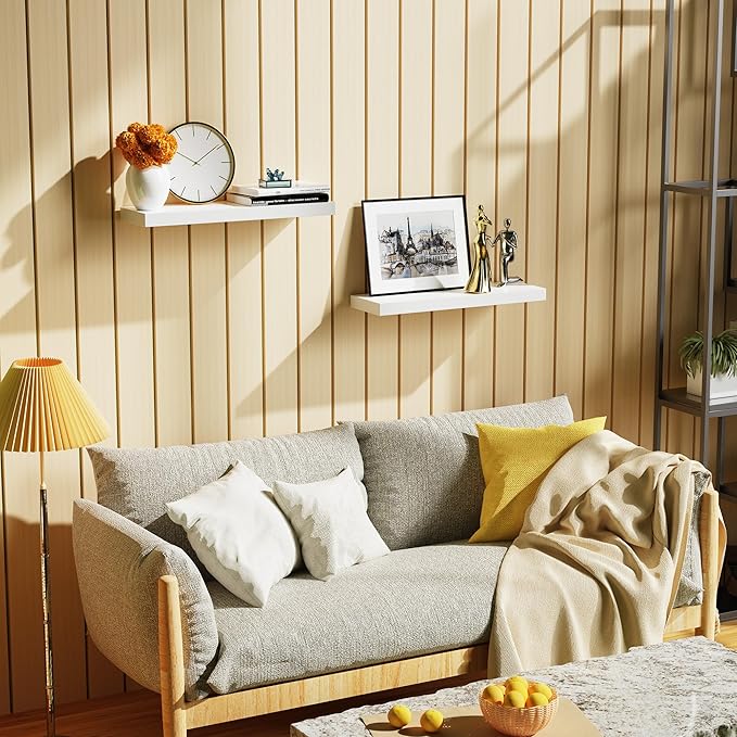 Bellsal Floating Shelves for Wall, White Engineered Wood Wall Shelf Set of 2, 24" Walls Mounted Floating Shelf for Kitchen, Living Room, Bedroom, Bathroom Storage, Book Shelf for Home Decor
