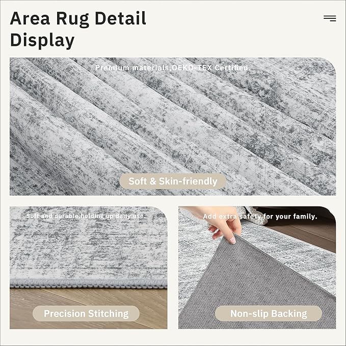 Soalmost Washable Runner Rug, 2'6" x 8' Non-Slip Kitchen Vintage Foldable Hallway Runners for Entryway, Laundry, Bedroom, Grey