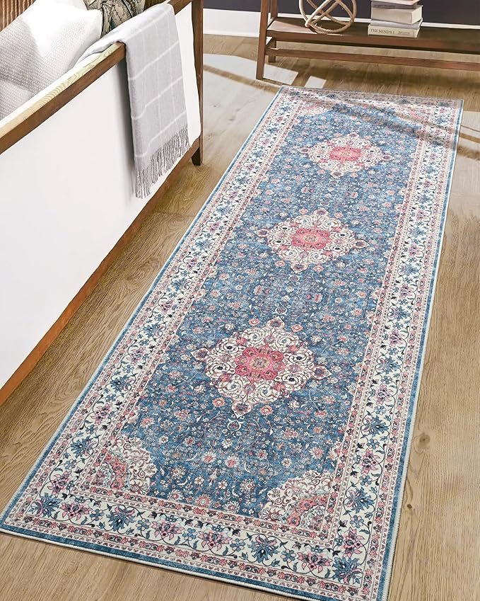 Goideal Washable Runner Rug 2x6, Vintage Rugs Non Slip, Indoor Low Pile Carpet with Rubber Backing for Kitchen Bathroom Entryway Office Bedroom,Blue & Hot Pink