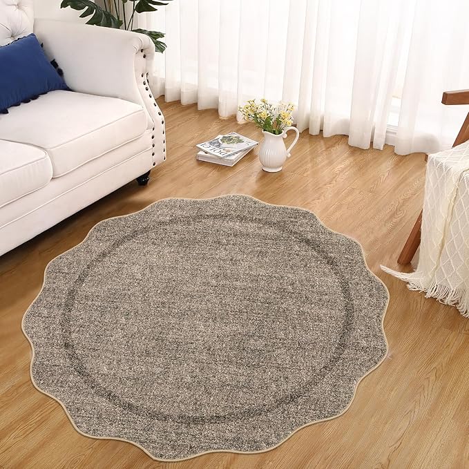 GarveeHome Scalloped Round Area Rugs, Washable Small Round Rug 3ft Non-Slip, Soft Boho Ultra-Thin Circle Low Pile Stain Resistant Carpet for Bedroom Entryway Kitchen Laundry Bathroom, Taupe
