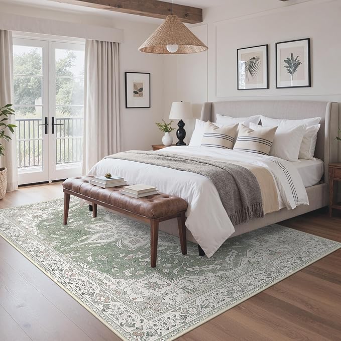 GENIMO 3X5 Washable Vintage Area Rugs for Living Room, Non-Slip Low Pile Chenille Print Rug, Soft Rugs for Bedroom Dining Room Home Office, Sage & Linen