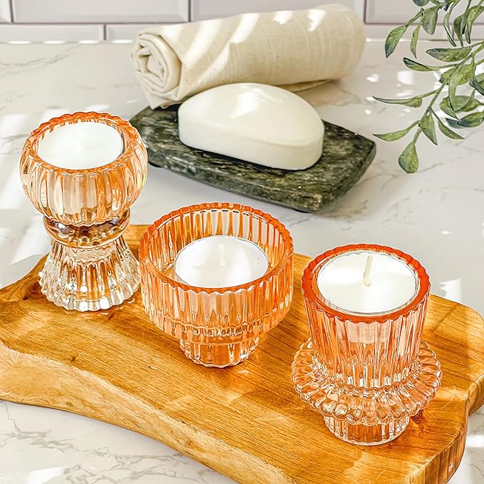 Kate Aspen Glass Taper Candle Holder Set of 6 - Rose Gold Ribbed Vintage Candlestick Votive Pillar Decorative Centerpiece for Dining Table Shelf Decor