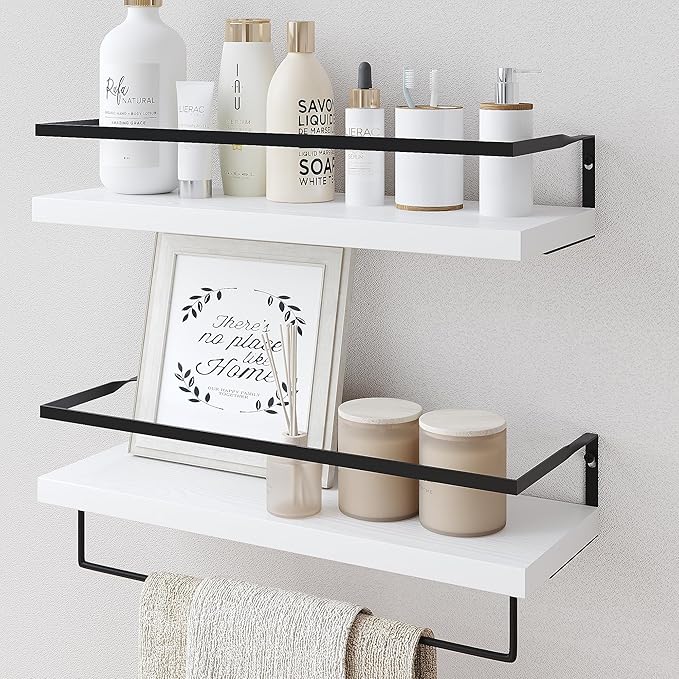 White Wood Floating Shelves Wall Mounted - 2+1 Tier Rustic Bathroom Wall Shelves Over Toilet with Towel Bar, Natural Wood Set of 2 Farmhouse Floating Shelf for Bathroom, Kitchen, Bedroom.