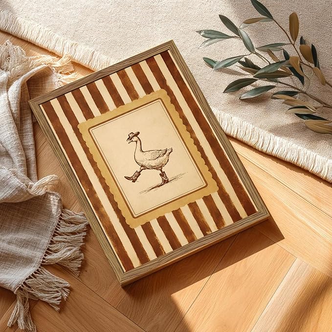 Vintage Cowboy Goose Wall Art, Western Silly Goose Canvas Wall Decor Painting, Funny Dancing Duck Animal Poster Print Picture for Nursery Living Room Bedroom Bathroom 12x16 Inch Framed