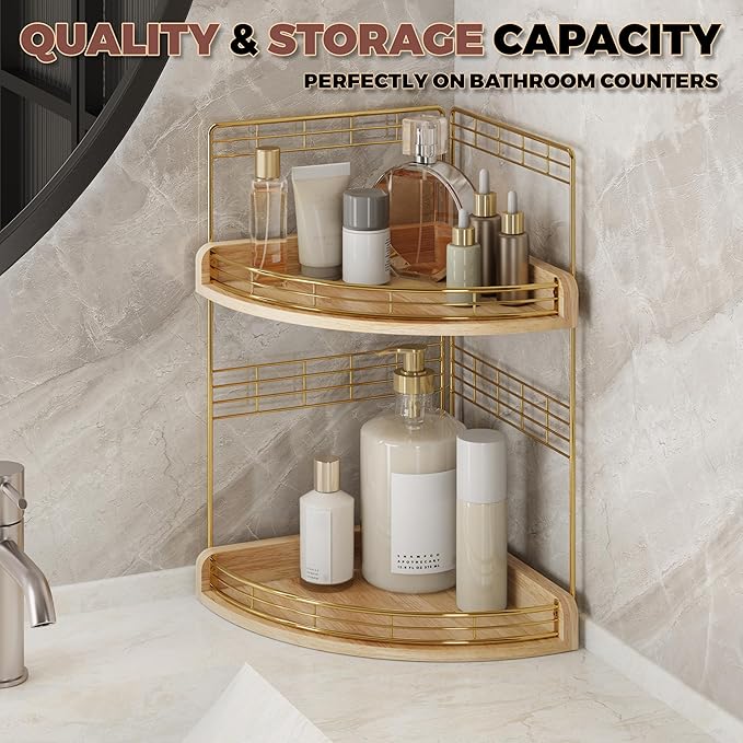 2-Tier Bathroom Countertop Corner Organizer for Small Spaces Counter Shelf for Sink & Vanity, Compact Vertical Storage for Toiletries (Natural)