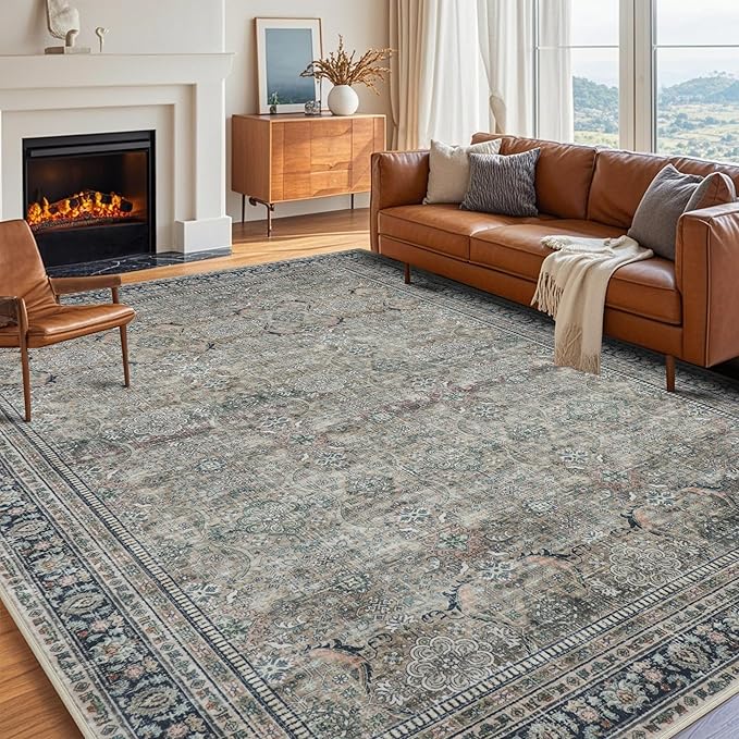 Srugn Washable Rugs 8x10 Area Rugs for Living Room,Rugs for Bedroom,Large Carpets,Ultra Soft Faux Wool Retro Dining Room Rug,Non Slip&Non-Shedding Low Pile Vintage Print Rug for Home Office,Green