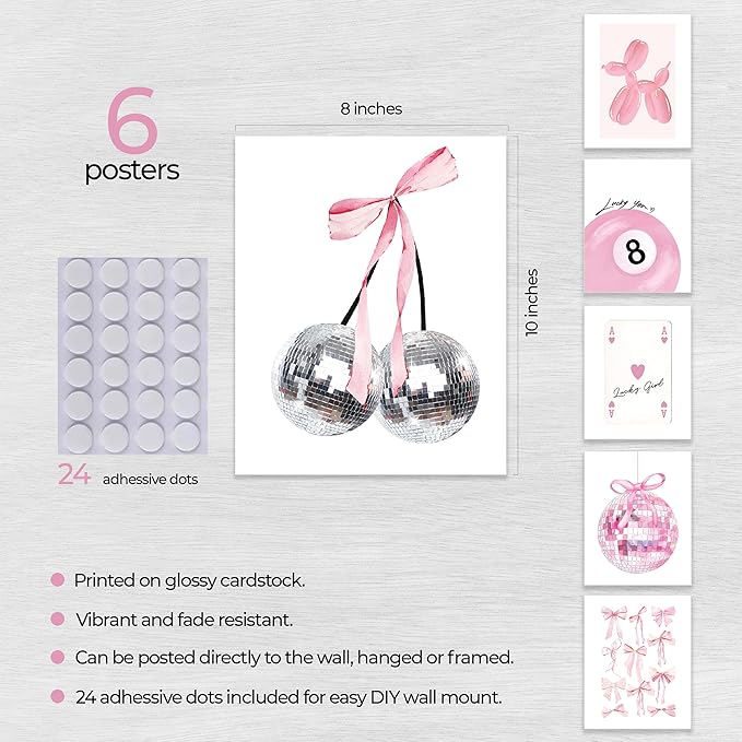 Coquette Room Decor, Preppy Aesthetic Posters for Room, Pink Disco 8 Ball Wall Art Prints, Trendy Cute Teen Girls College Dorm Bedroom TikTok Lucky Cherry Wall Posters, 8 x 10 Unframed, Set of 6