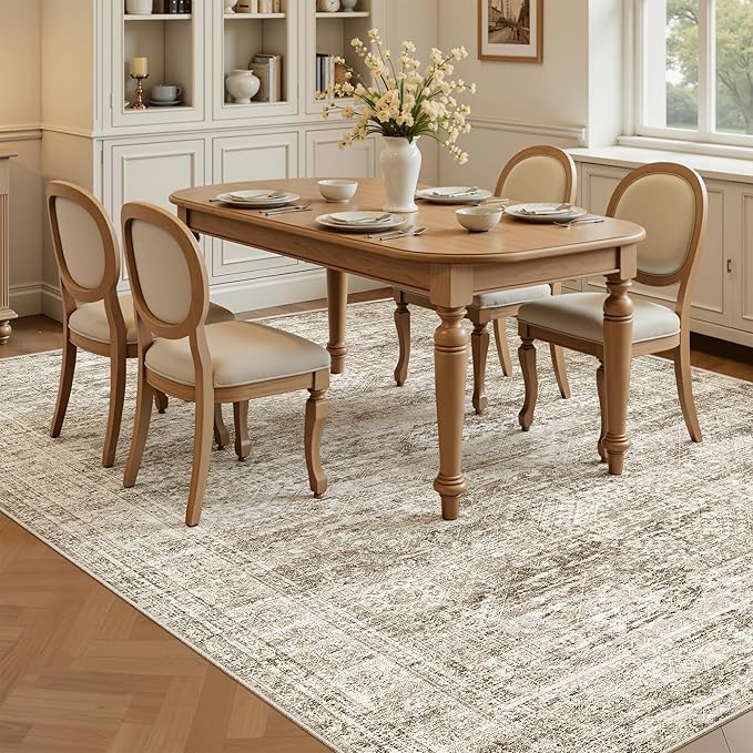 Soalmost 7x9 Area Rug for Living Room Washable Abstract Vintage Soft Thin Indoor Floor Non-Slip Carpet for Bedroom Dining Room Brown