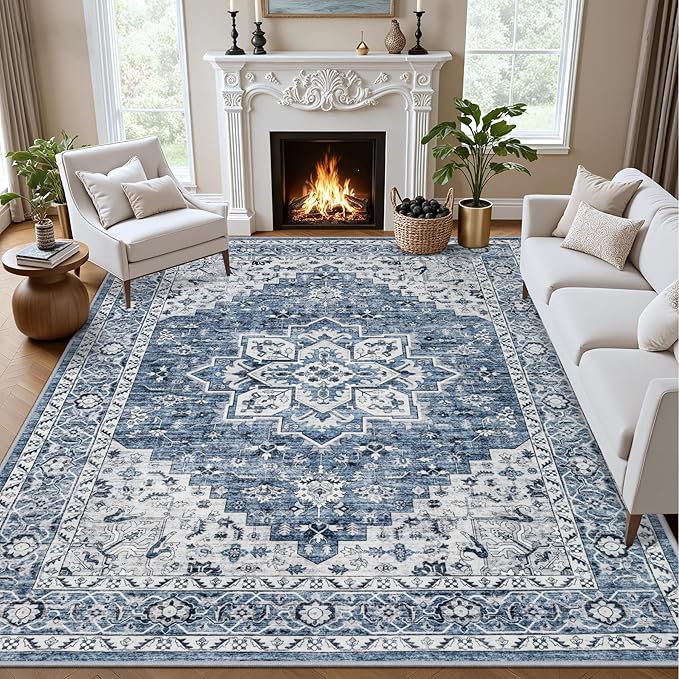 Area Rugs 10x14 Living Room Rug: Washable Rug Soft Vintage Boho Medallion Carpet Indoor Floor Non-Slip Stain Resistant Large Carpets for Bedroom Dining Room Farmhouse Nursery Home Office Blue