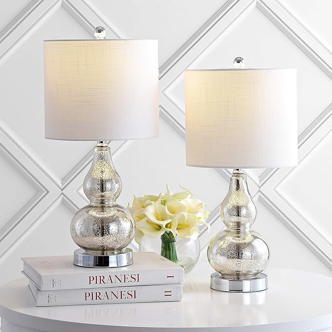 JONATHAN Y 20.5" Mercury Silver Glass Table Lamp, Modern Gourd Bedside Nightstand Lamp for Bedroom, Living Room, White Linen Shade, LED Bulb Included (JYL1028C-SET2)