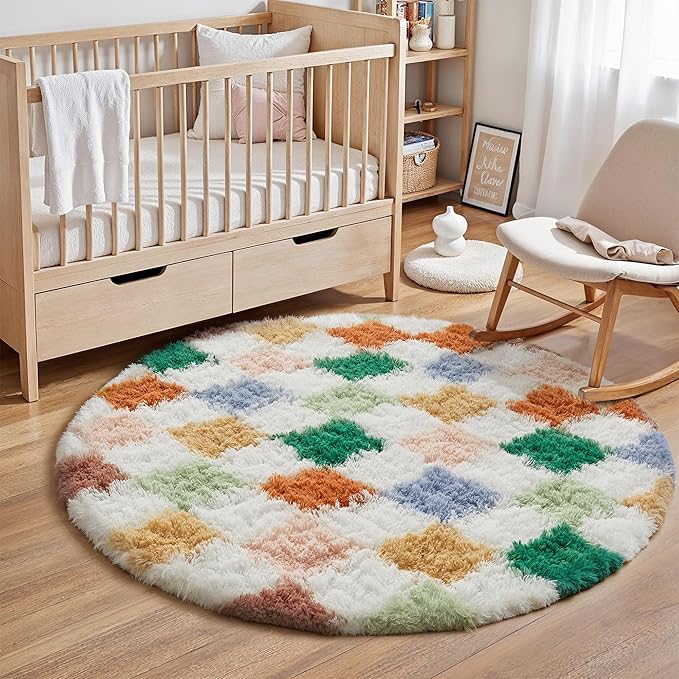 PureCozy Checkered Rug 4x4 for Living Room, Modern Neutral Shag Rug Super Soft Washable Fluffy Rugs Indoor Fuzzy Carpet for Bedroom Home Dorm Aesthetic Decor