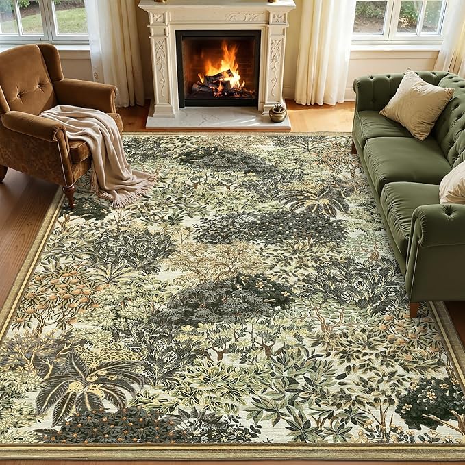 GarveeHome Forest Rugs 6x9, Brown Green Washable Area Rugs for Living Room 6x9, Botanical Low Pile Non Slip Stain Resistance Woodland Rug for Farmhouse, Bedroom, Dining Room