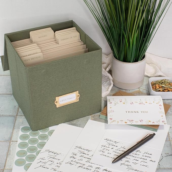 ZICOTO Beautiful Greeting Card Organizer Box With Dividers - Sturdy Linen Storage Box Easily Organizes All Your Greeting Cards in Style - Cute Card Holder Safely Stores Up to 300 Small Or Large Cards
