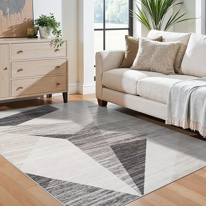 4x5 Washable Entryway Office Rug: Mid Century Modern Area Rugs Geometric Non Slip Soft Low Pile Indoor Carpet for Living Room Bedroom Kitchen Bathroom Entrance (Grey Cream Beige, 4X5)