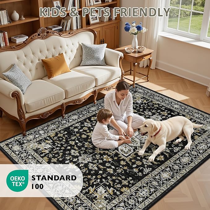 Area Rugs 9x12 Living Room Rug: Washable Rug Soft Vintage Boho Medallion Carpet Indoor Non-Slip Stain Resistant Large Carpets for Bedroom Dining Room Farmhouse Nursery Home Office Black Gold