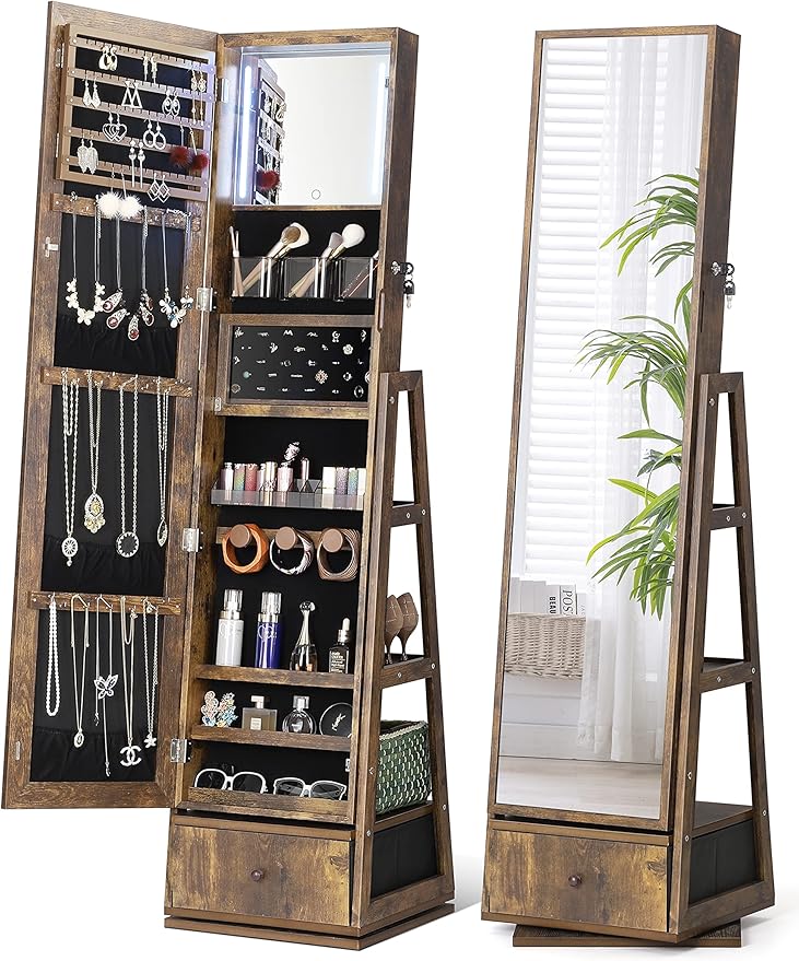 Nicetree 360° Swivel Jewelry Cabinet with Lights, Touch Screen Vanity Mirror, Rotatable Full Length Mirror with Jewelry Storage, Standing Jewelry Armoire Organizer, Gift Idea, Rustic Brown