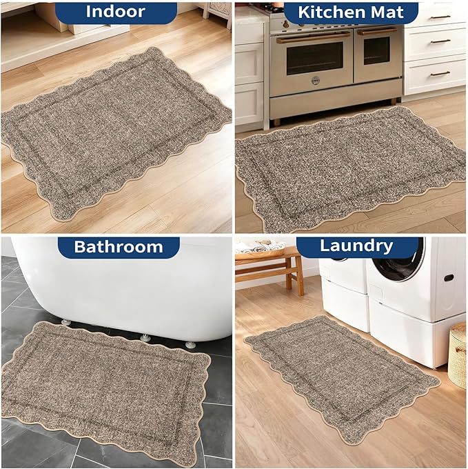 GarveeHome 2x3 Rug, Washable Scalloped Rugs for Entryway, Non Slip Indoor Door Mat, Soft Low Pile Small Area Carpet for Entrance, Bedroom, Kitchen, Laundry, Bathroom, Taupe