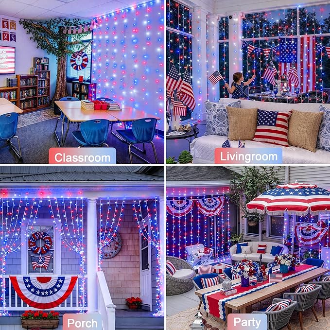 JMEXSUSS 300LED Red White and Blue Lights with Remote, 4th of July Lights Plug in, Patriots Curtain Hanging String Lights for Bedroom Wall Window Backdrop Indoor Outdoor 4th of July Decor, 9.8x9.8ft