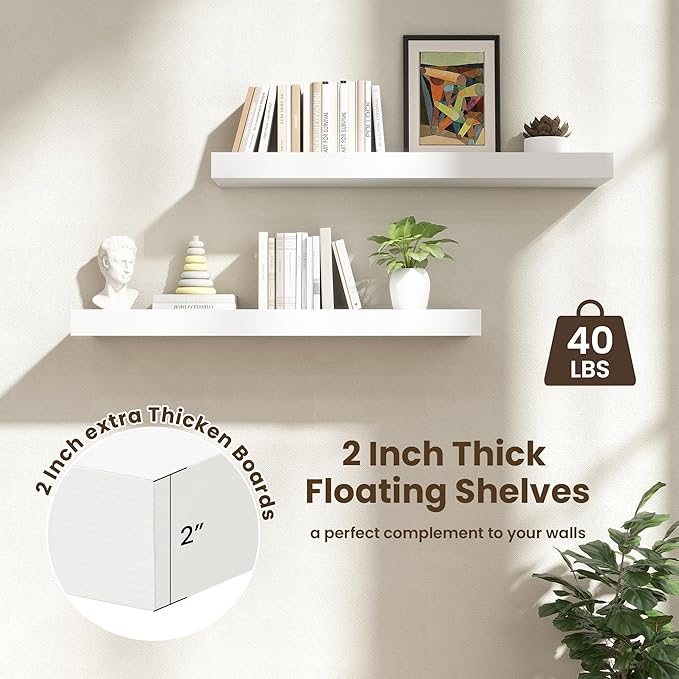 FLYJOE Deep Floating Shelves | 40 Inch White Floating Shelves Set of 2 | 12 Inch Deep Wood Wall Shelves | 40" W x 12" D White Shelves for Bathroom Living Room Kitchen Laundry Room