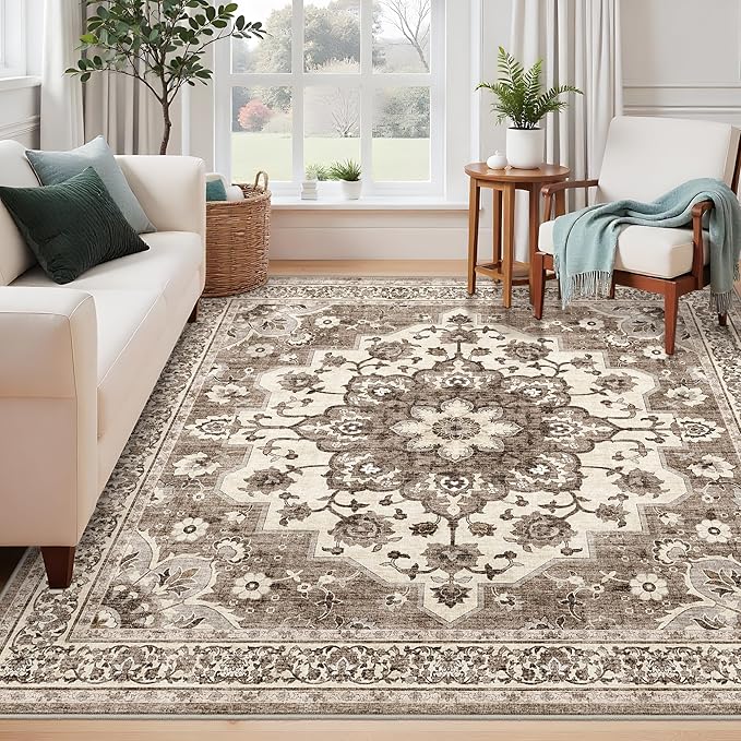 TOPRUUG Washable 6x6 Rug Square - Ultra Soft Living Room Area Rug Under Sofa Non-Slip Rugs for Bedroom Dining Room - Stain Resistant Farmhouse Decor for Family with Pets & Kids (Beige, 6x6)
