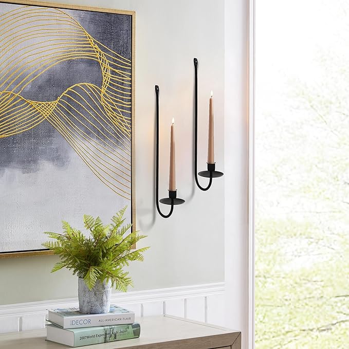 Metal Wall Candle Sconce Holder Set of 2 Wall Mount Candle Holders Modern Wall Candle Sconces Hanging for Living Room Farmhouse Fireplace Wedding 16.5"×5"×3" (Black)