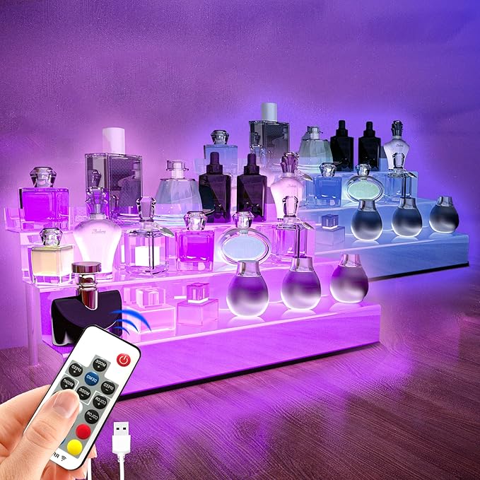 YMVV 15.7 IN Clear Acrylic Display Riser Shelf with LED light,3 Tier Display Step Shelves Holder, Perfume Cologne Organizer Holder,Pops Toys Figures, Clear Cupcake Riser, Dessert Shelf ,2 Pack