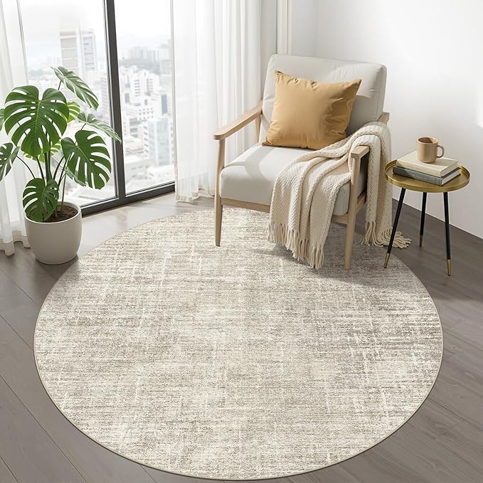 5ft Round Rug Living Room: 5x5 Washable Large Neutral Brown Circle Area Rug Abstract Soft Modern Stain Resistant Indoor Floor Non-Slip Carpet for Bedroom Nursery Kids Office Playroom Dining Room